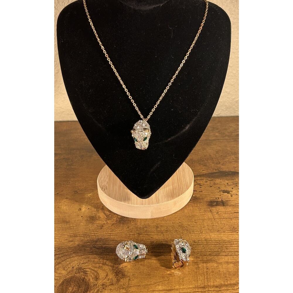Vintage Panther Leopard Rhinestone Necklace & Clip Earrings Set Green Eyes